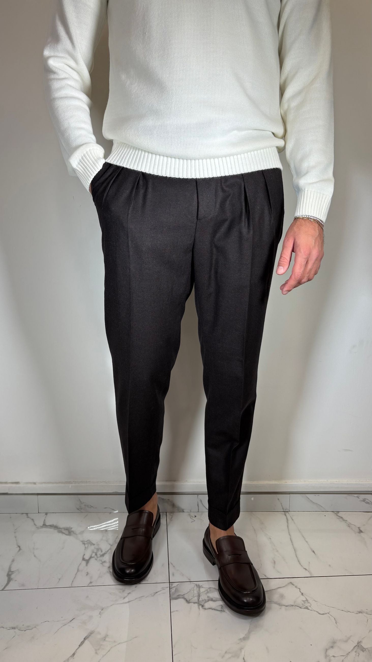 PANTALONE IN FLANELLA DI LANA 2 PINCES MARRONE- ALESSANDRO GILLES