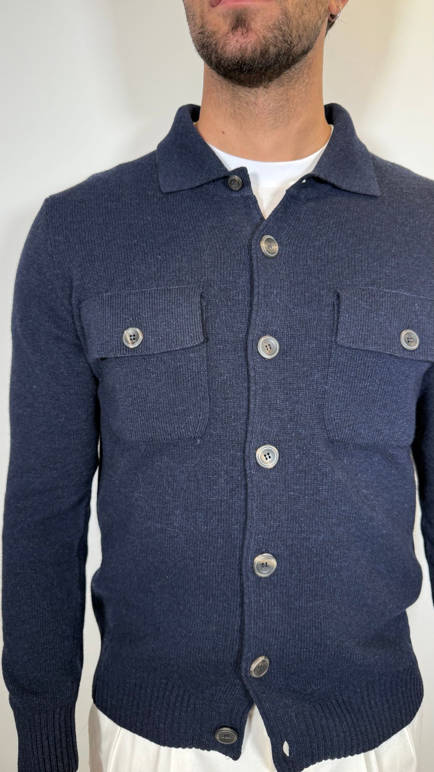 CARDIGAN IN LANA COLLO CAMICIA  -BLU