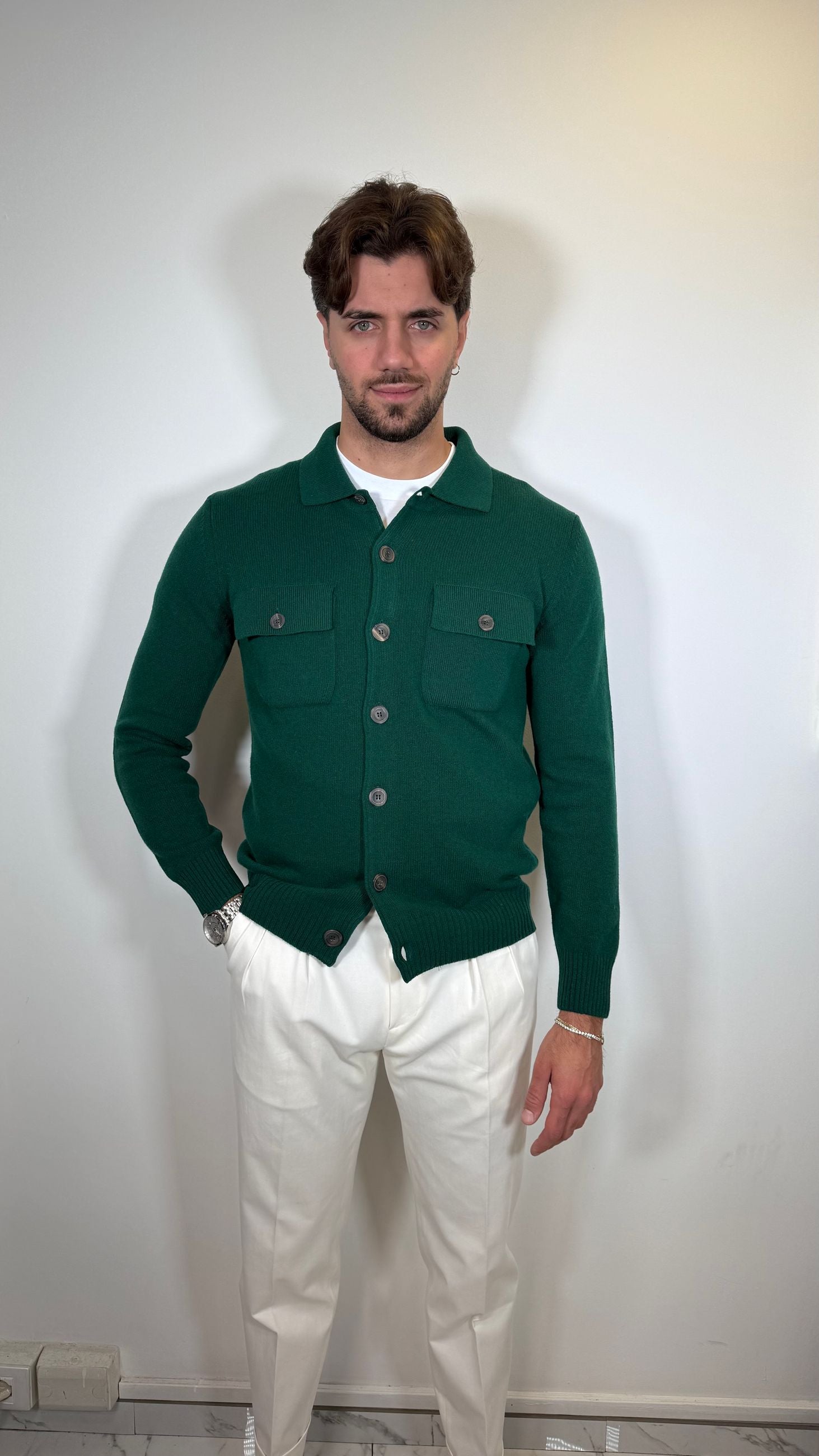 CARDIGAN IN LANA CON COLLO CAMICIA -VERDE