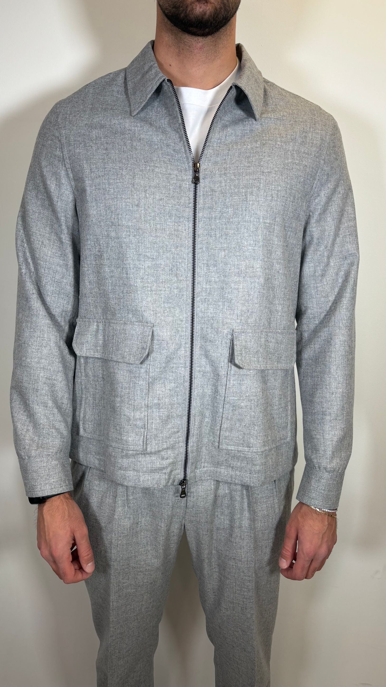 GIACCA ZIP IN FLANELLA DI LANA LEGGERA GRIGIA- ALESSANDRO GILLES