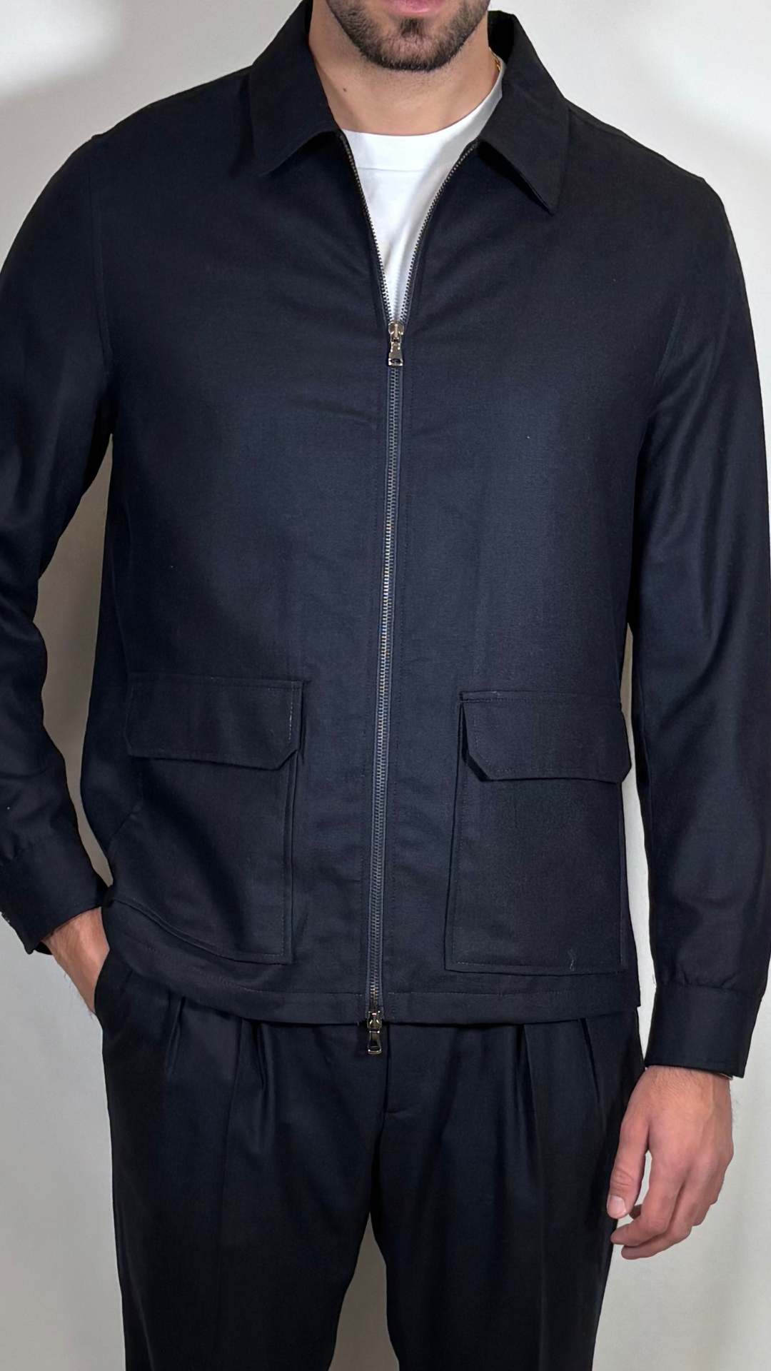 GIACCA ZIP IN FLANELLA DI LANA BLU- ALESSANDRO GILLES