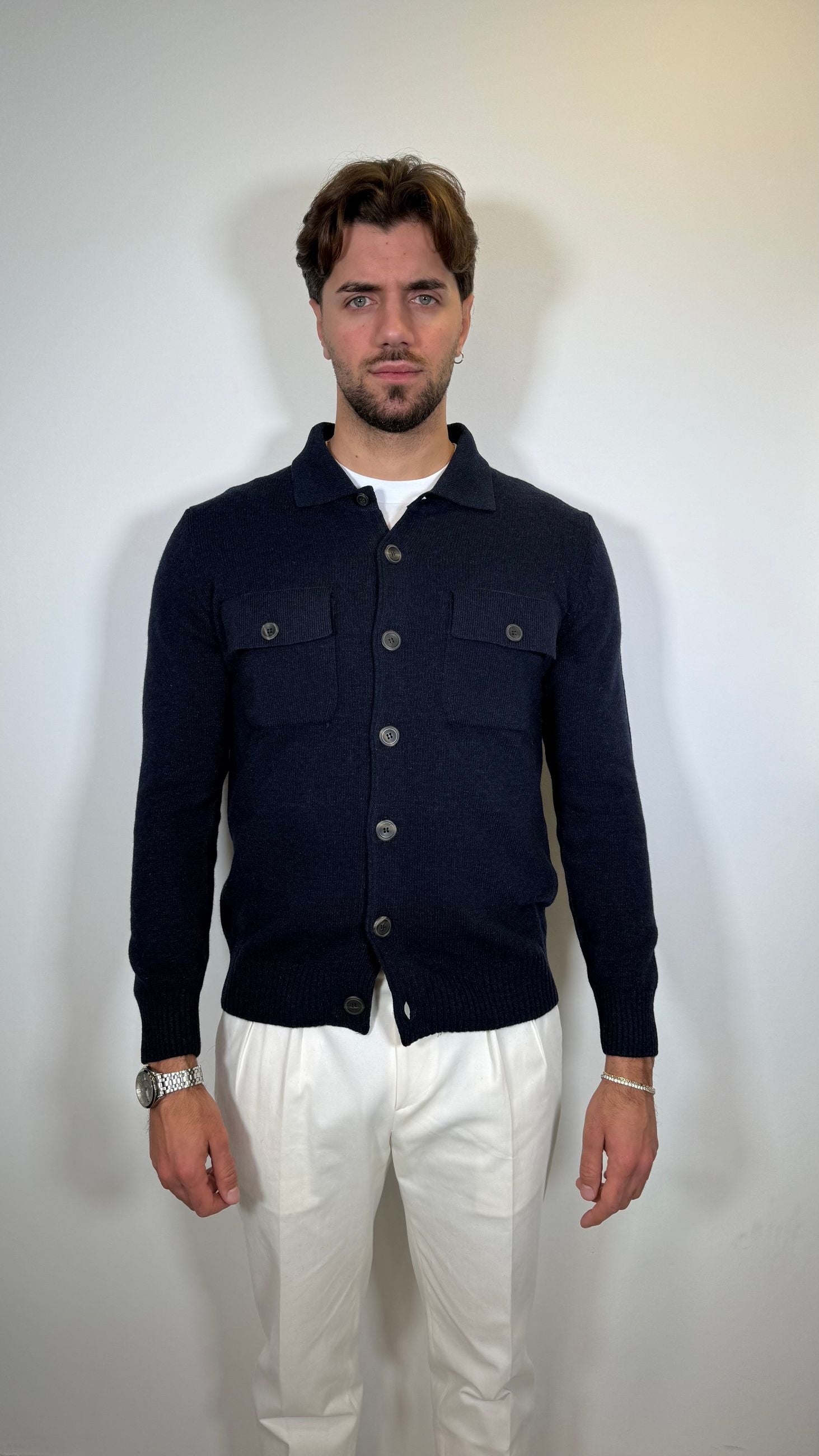 CARDIGAN IN LANA COLLO CAMICIA  -BLU