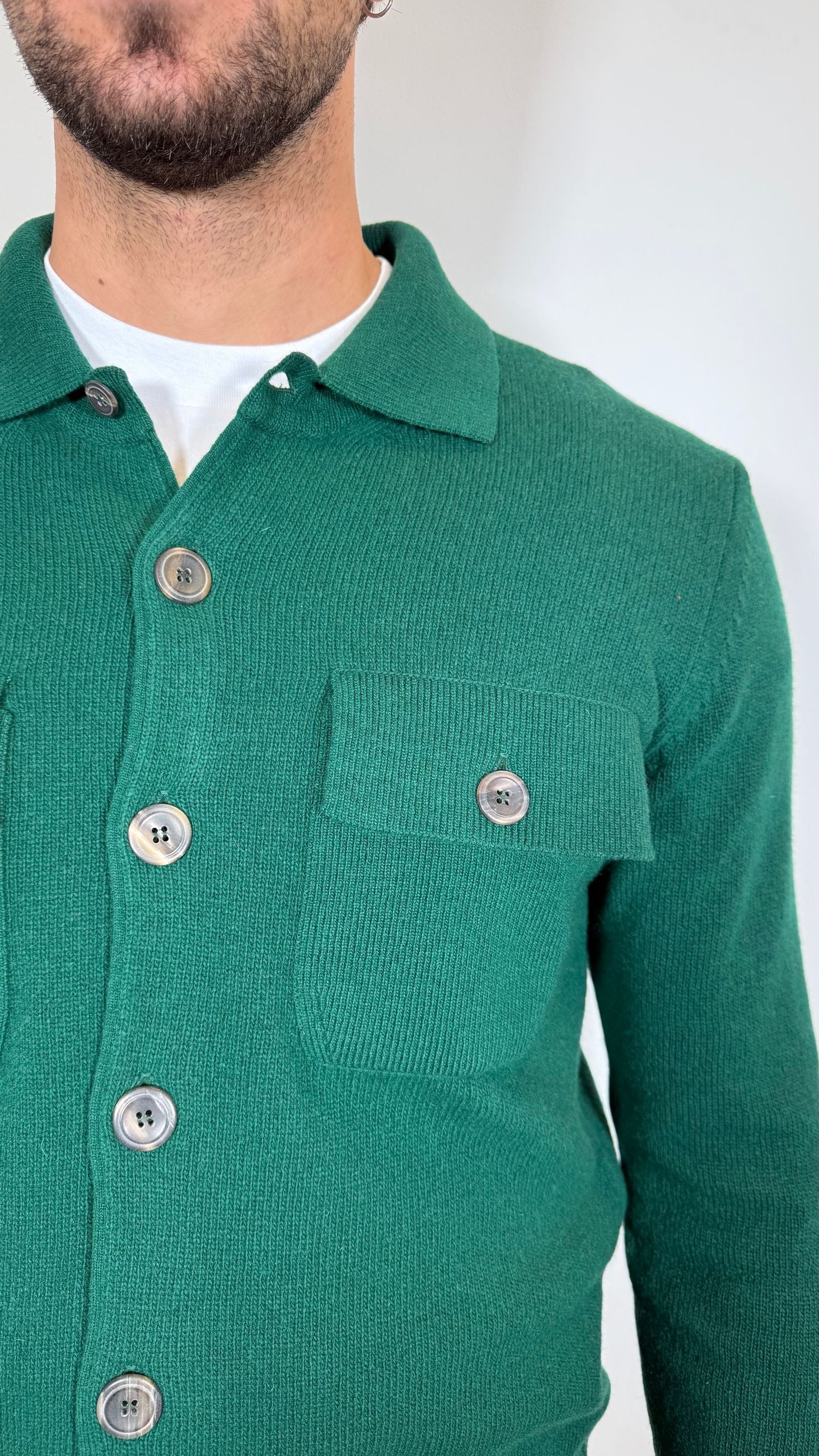CARDIGAN IN LANA CON COLLO CAMICIA -VERDE