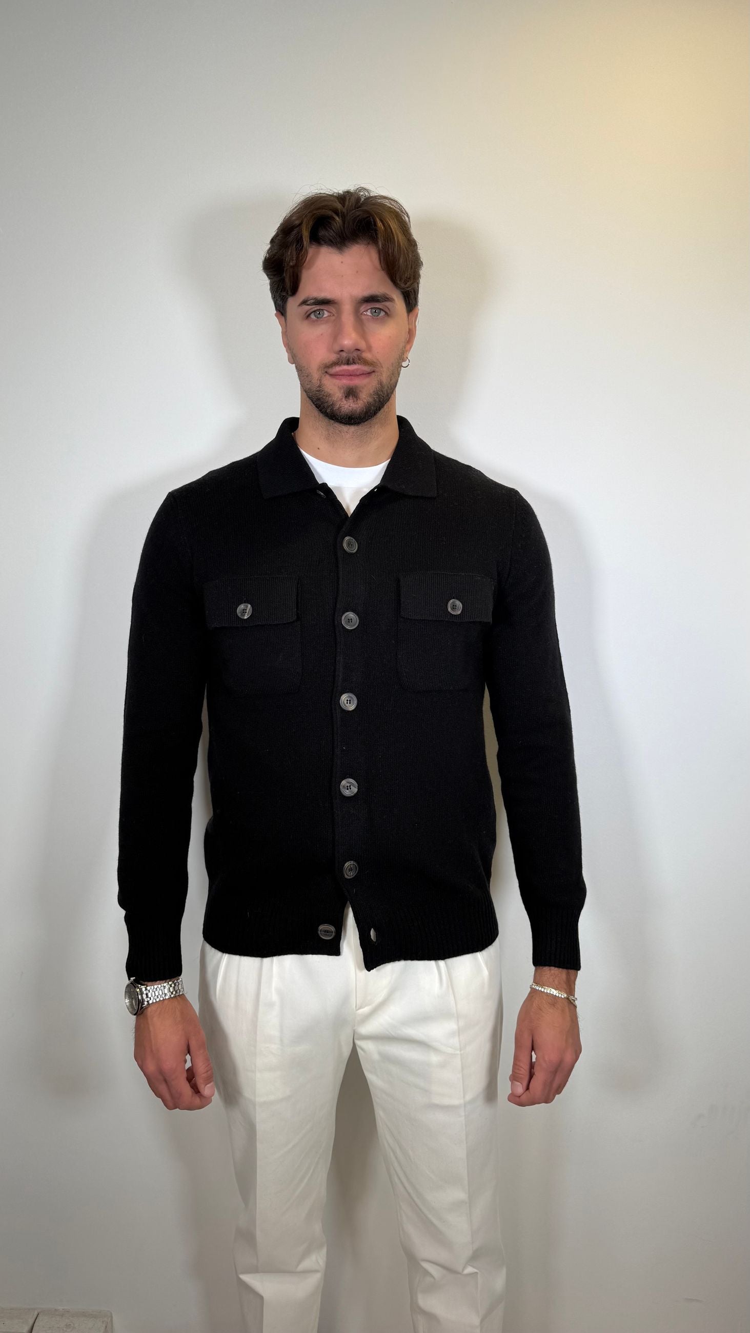 CARDIGAN IN LANA COLLO CAMICIA -NERO