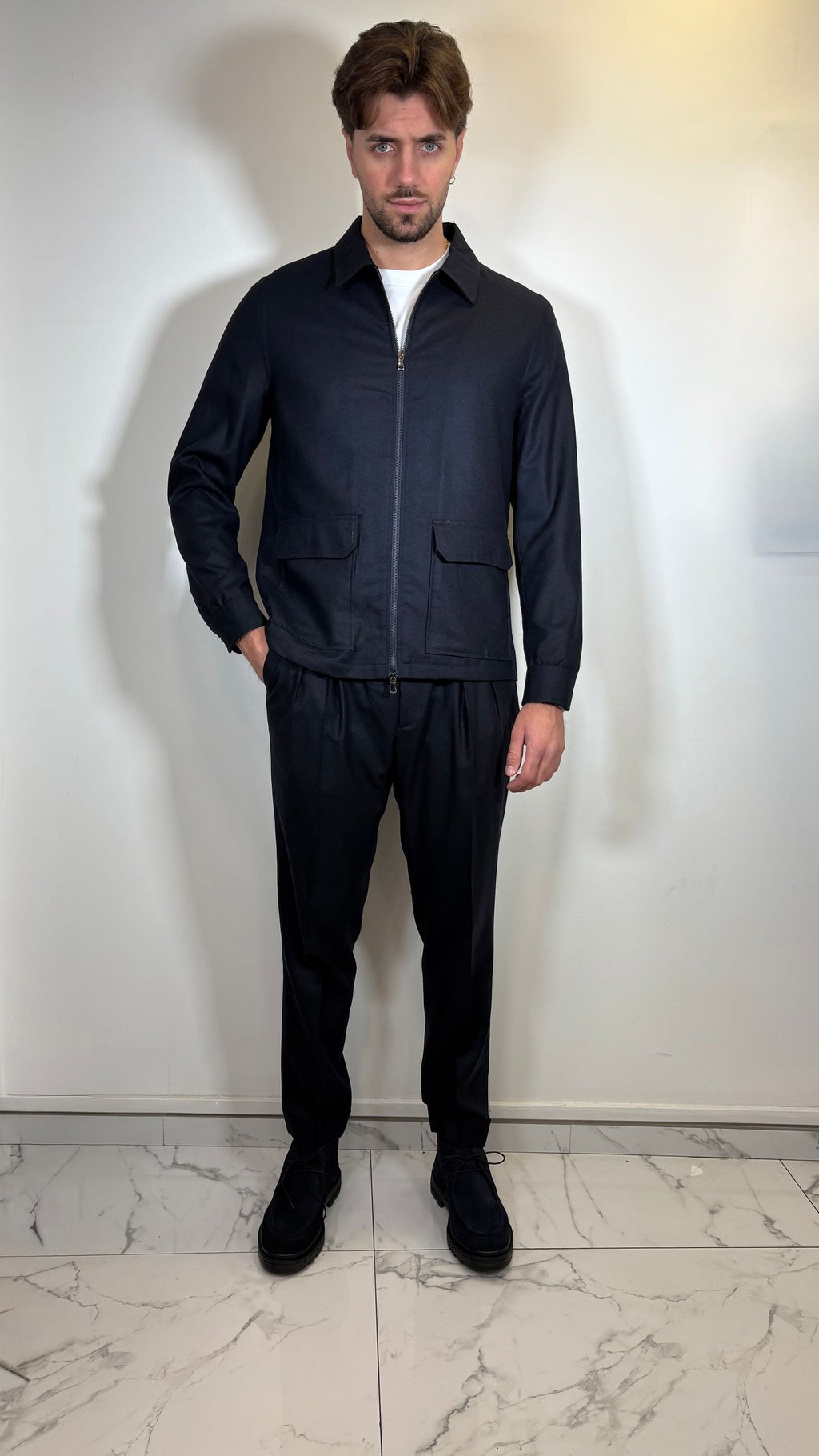 GIACCA ZIP IN FLANELLA DI LANA BLU- ALESSANDRO GILLES