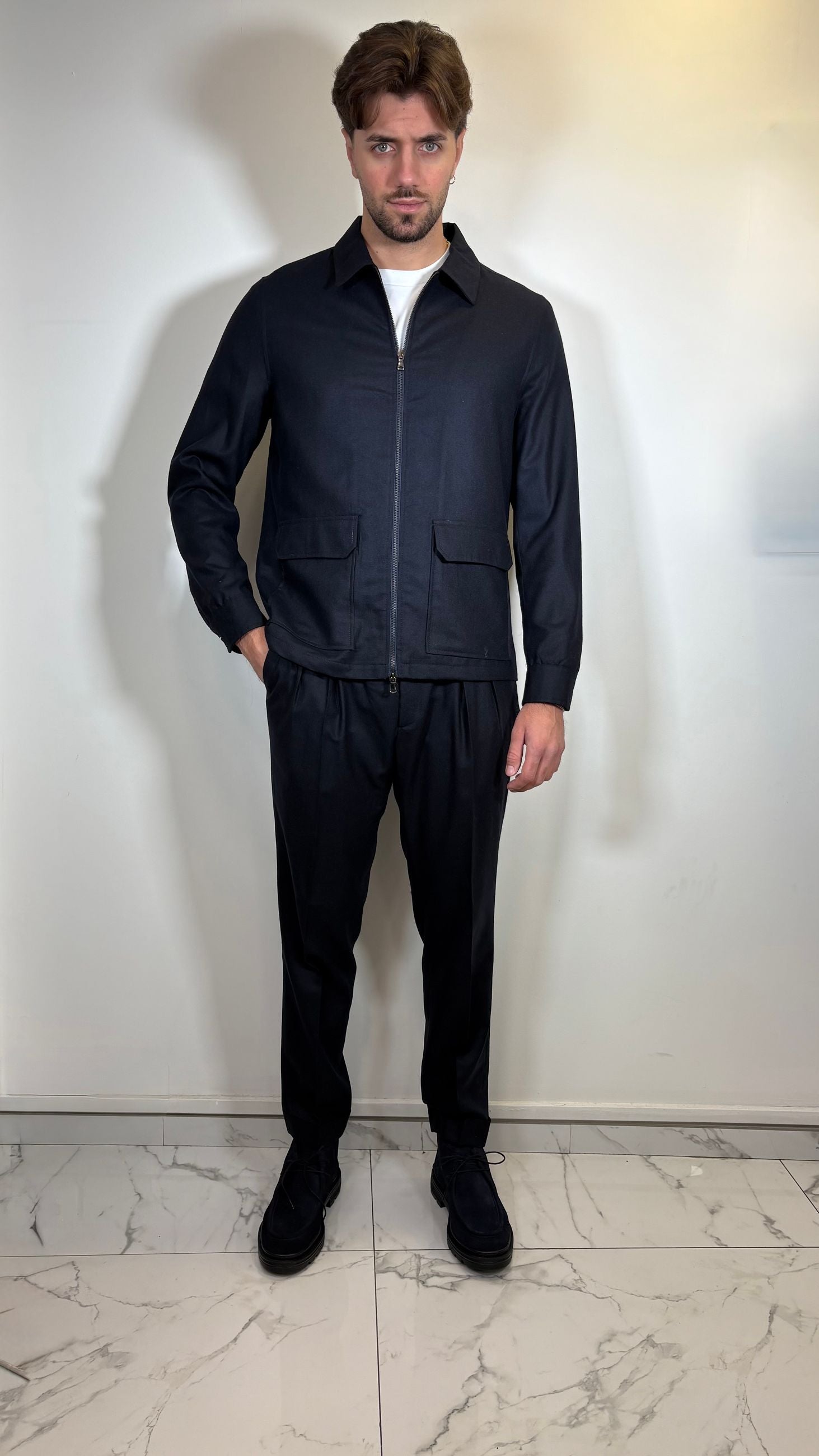 GIACCA ZIP IN FLANELLA DI LANA BLU- ALESSANDRO GILLES