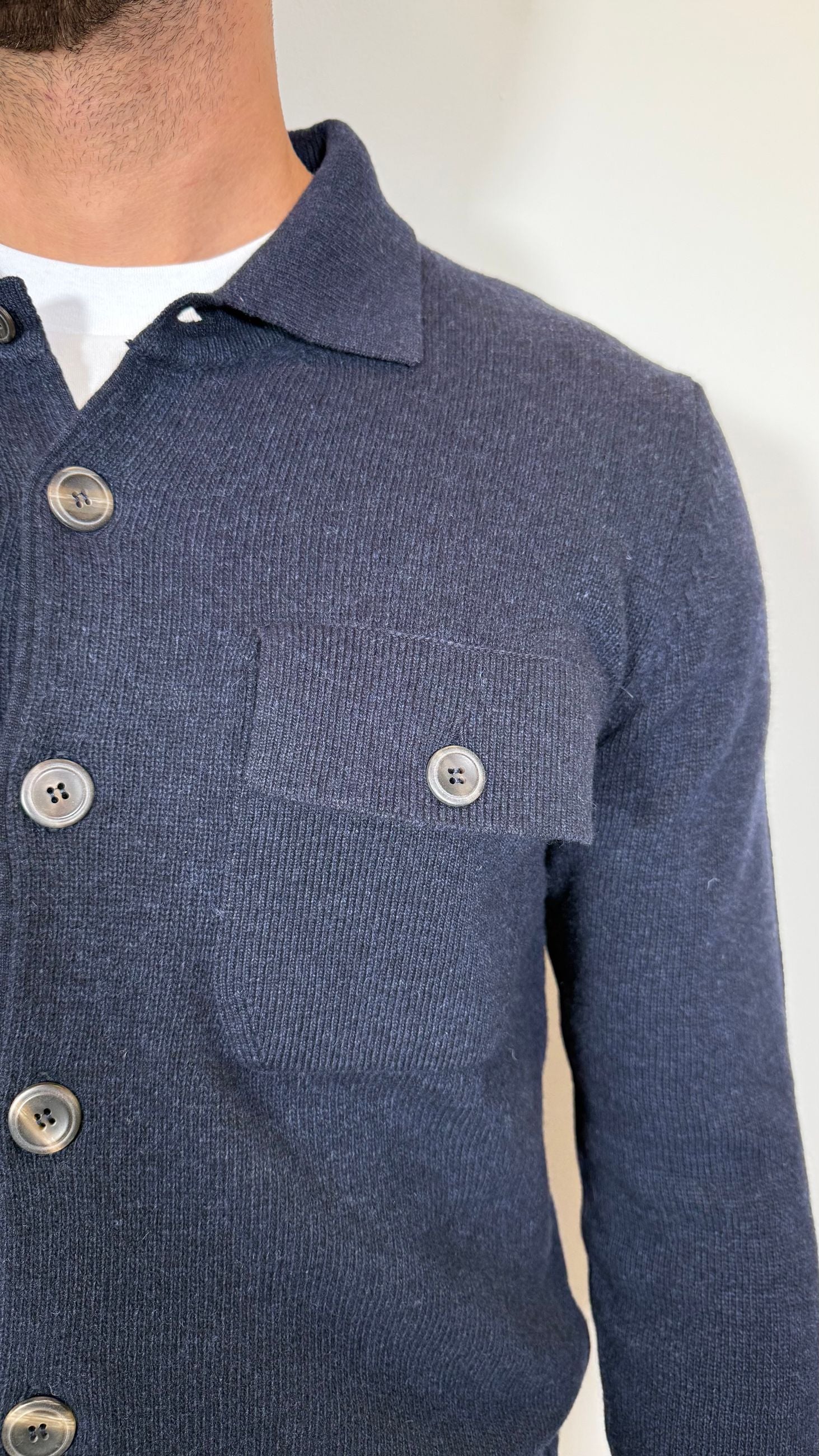 CARDIGAN IN LANA COLLO CAMICIA  -BLU