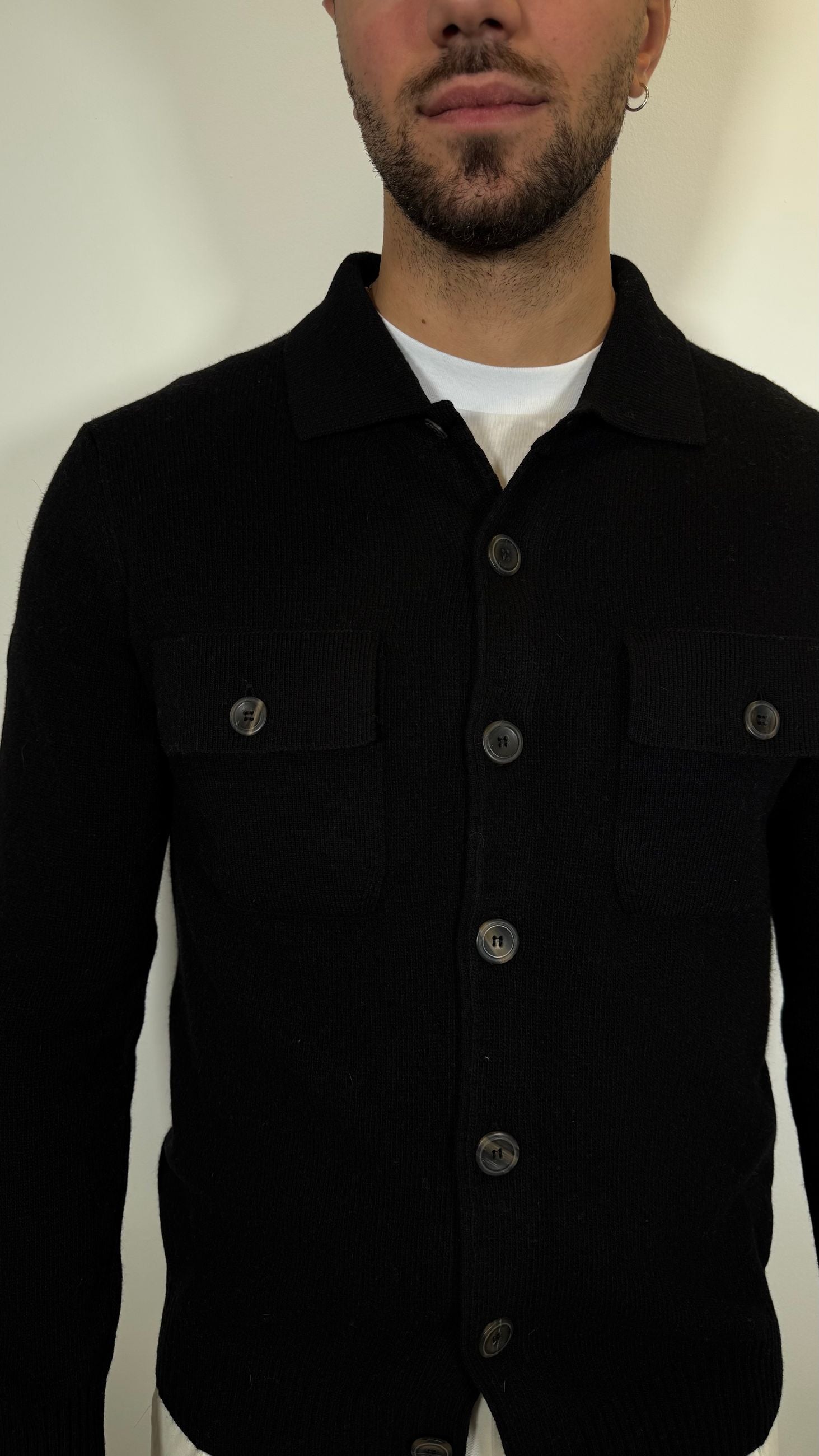 CARDIGAN IN LANA COLLO CAMICIA -NERO