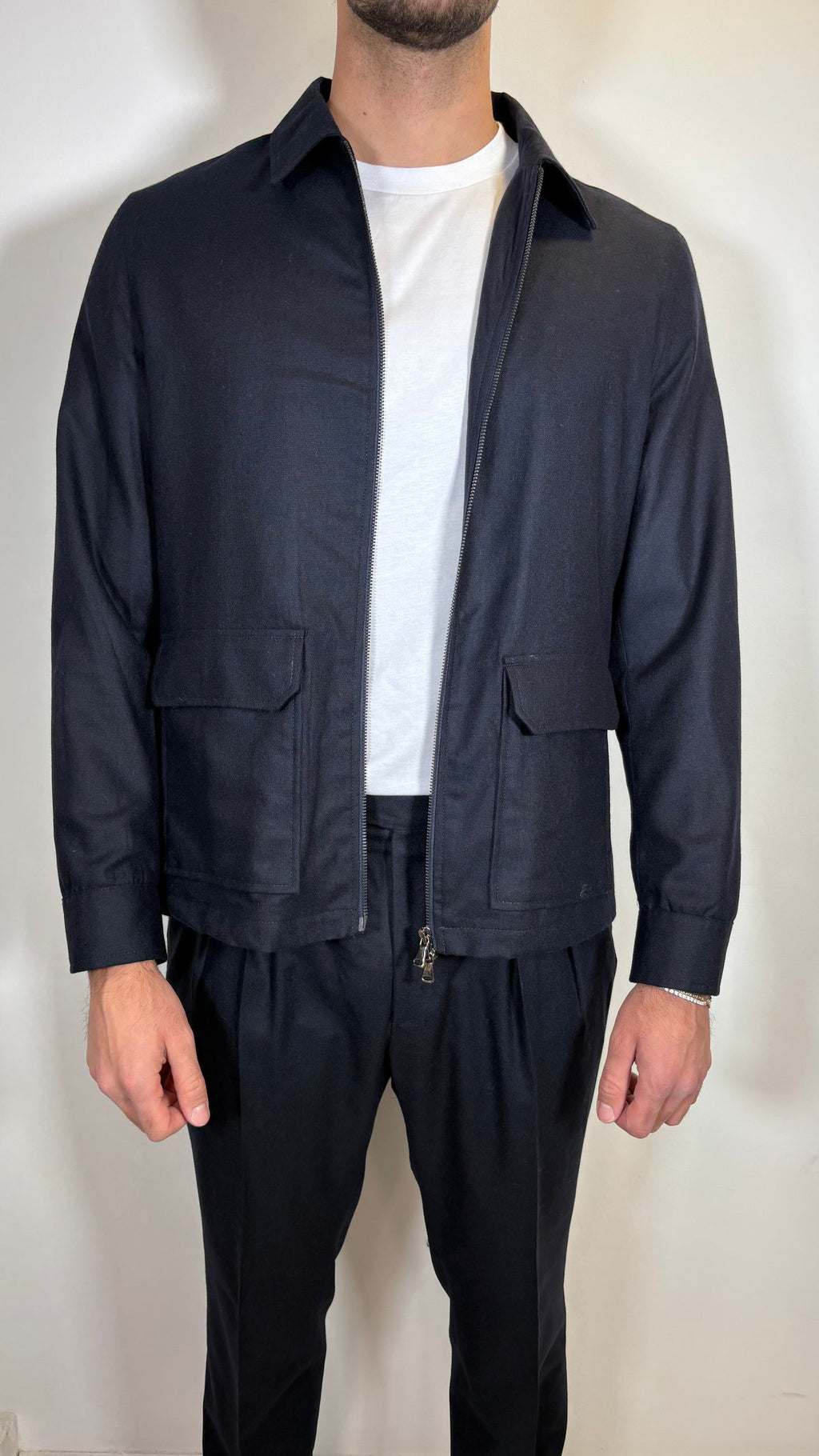 GIACCA ZIP IN FLANELLA DI LANA BLU- ALESSANDRO GILLES