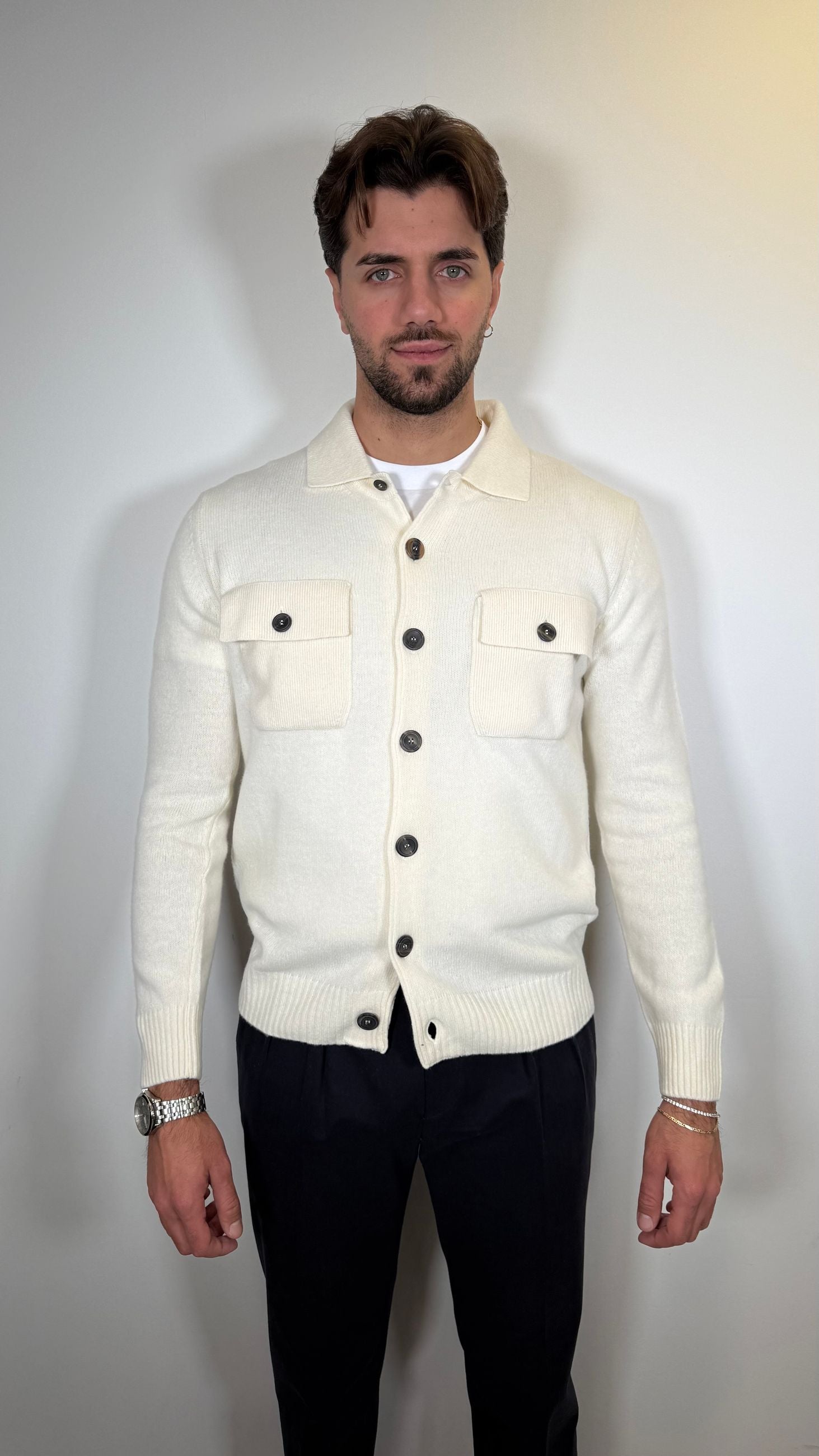 CARDIGAN IN LANA COLLO CAMICIA -LATTE