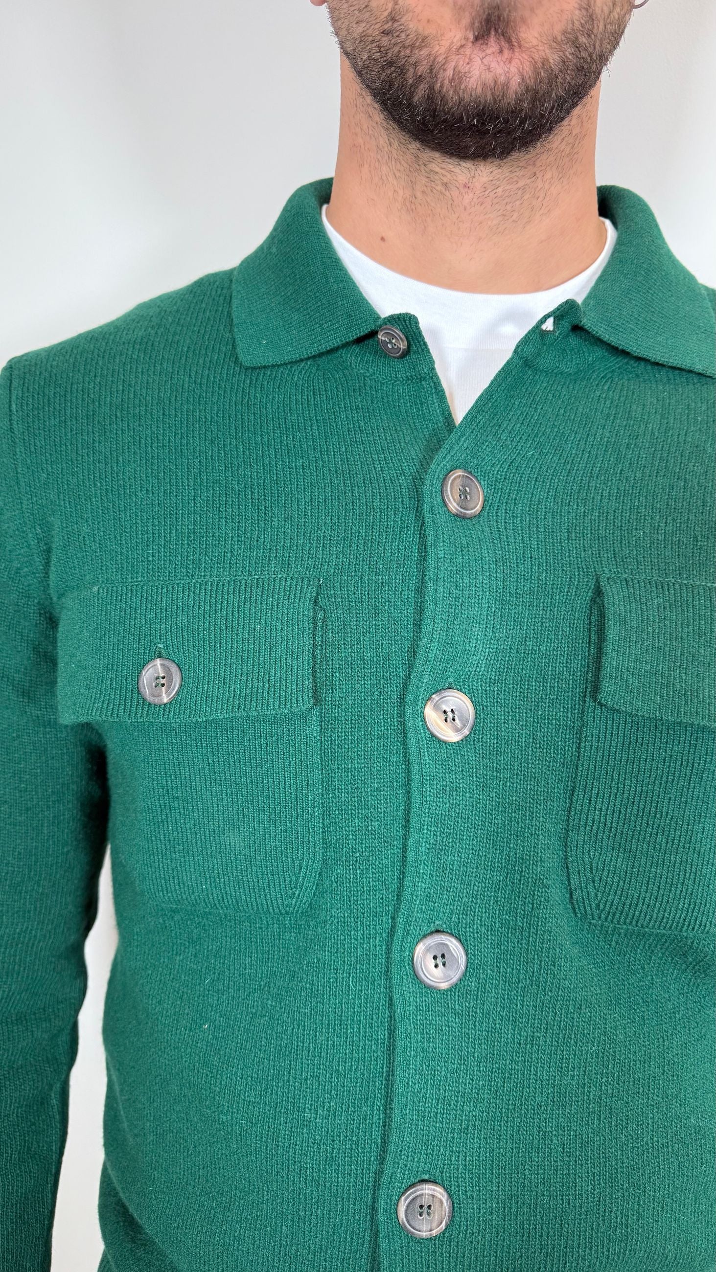 CARDIGAN IN LANA CON COLLO CAMICIA -VERDE